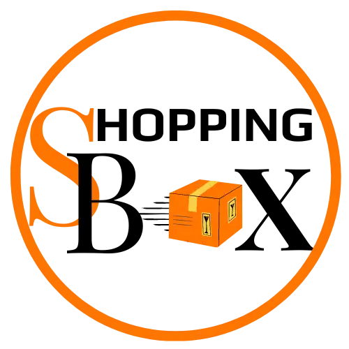 Logo de Shopping Box en Panamá formado por un círculo con su nombre y una caja que simboliza una caja con tus envíos y rapidez en la entrega Logo de Shopping Box